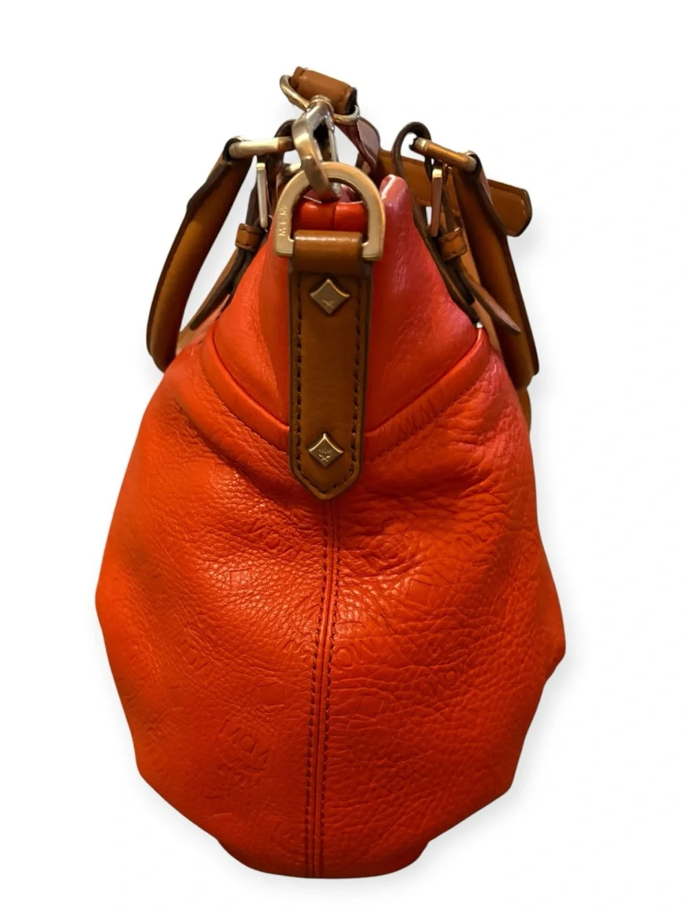 MCM Orange Embossed Leather Convertible Two-Way Handbag Shoulder Bag